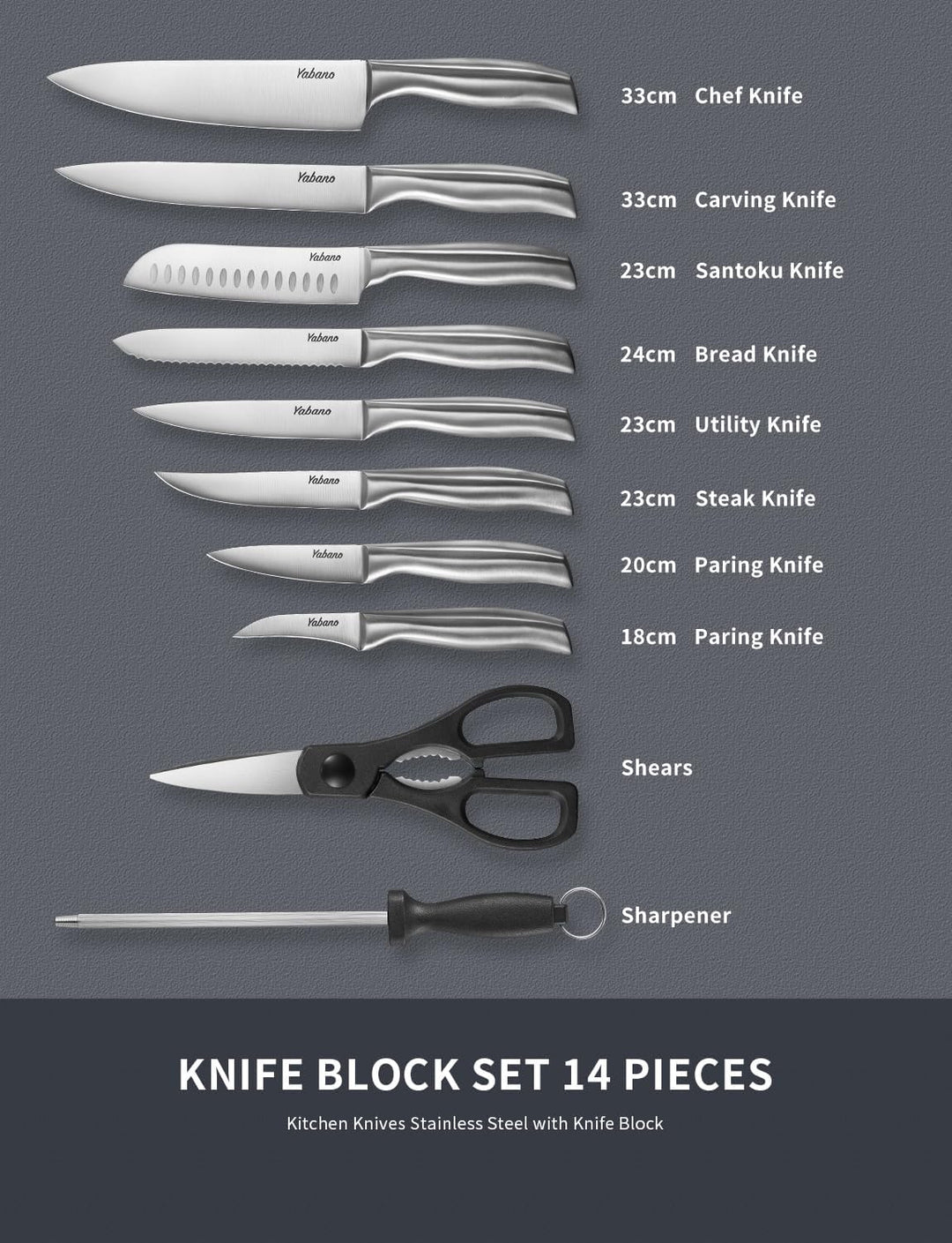 Yabano Messerblock Profi Messer Set, 16-TLG Edelstahl Kochmesser Set mit Holzblock, Messerset, Knife