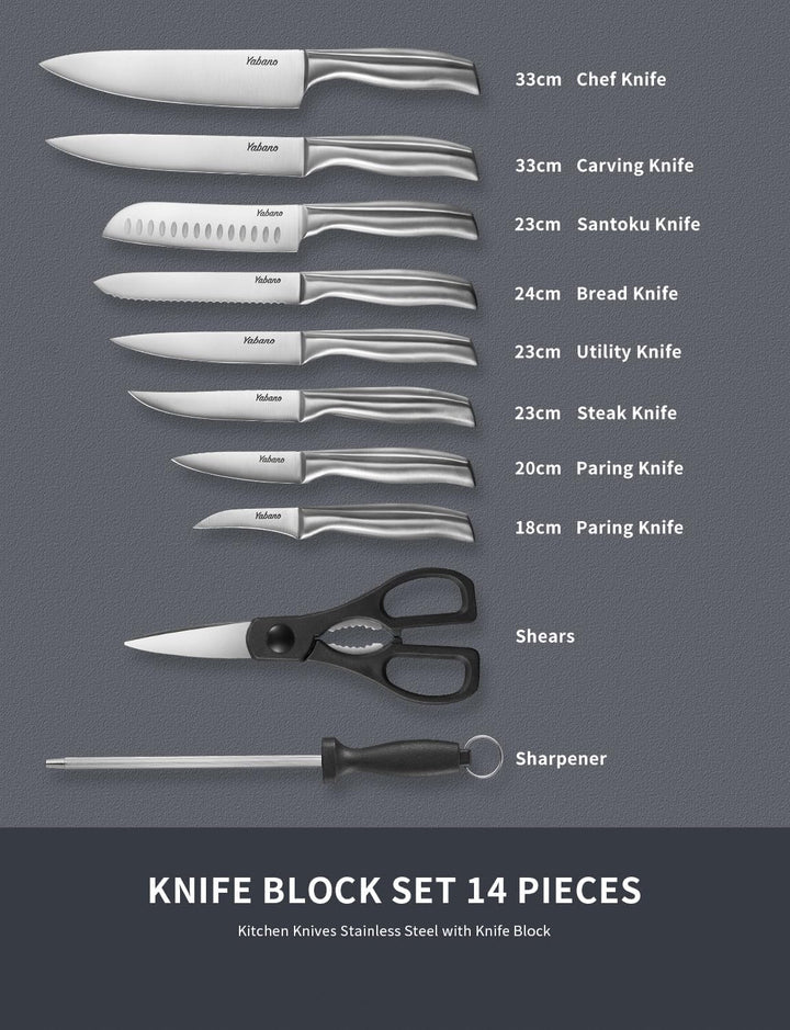 Yabano Messerblock Profi Messer Set, 16-TLG Edelstahl Kochmesser Set mit Holzblock, Messerset, Knife