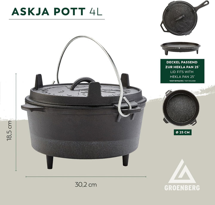 Groenberg Askja Gusseisen Topf Dutch Oven Feuertopf Kochtopf mit Deckel 4L 4 L, 4 L
