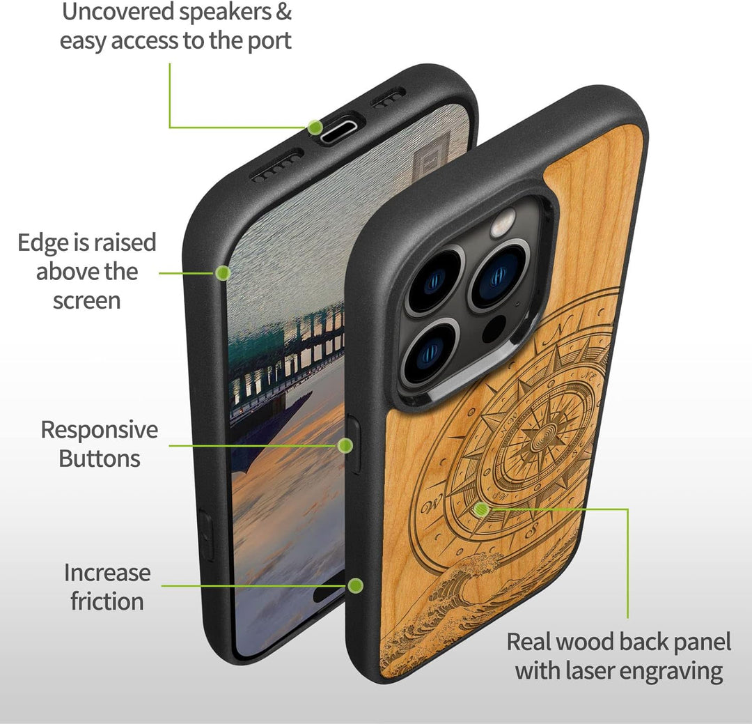 Carveit Handyhülle für iPhone 14 Pro Holz Cover kompatibel mit MagSafe Massivholz für Apple 14Pro St