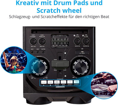 MEDION X64060 Party-Soundsystem (Partylautsprecher, Karaoke DJ und Schlagzeug-Funktion, 2 x 100 W RM