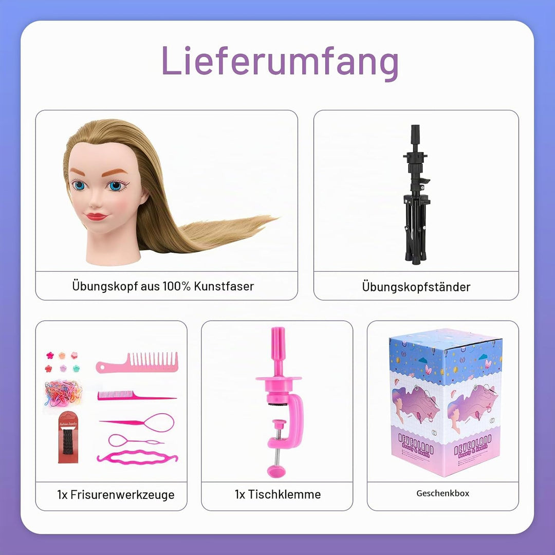 Frisierkopf mit Übungskopf ständer,Frisierkopf Echthaar 100% Synthetisches Haar Puppenkopf zum Frisi