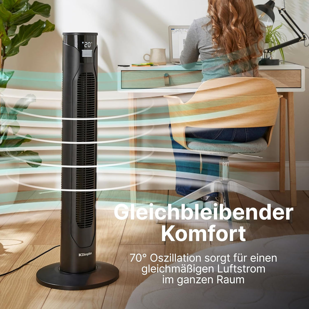 DIMPLEX Tower Fan Turmventilator, Standventilator 70° Oszillierend mit 3 Geschwindigkeiten, 12 Std.-