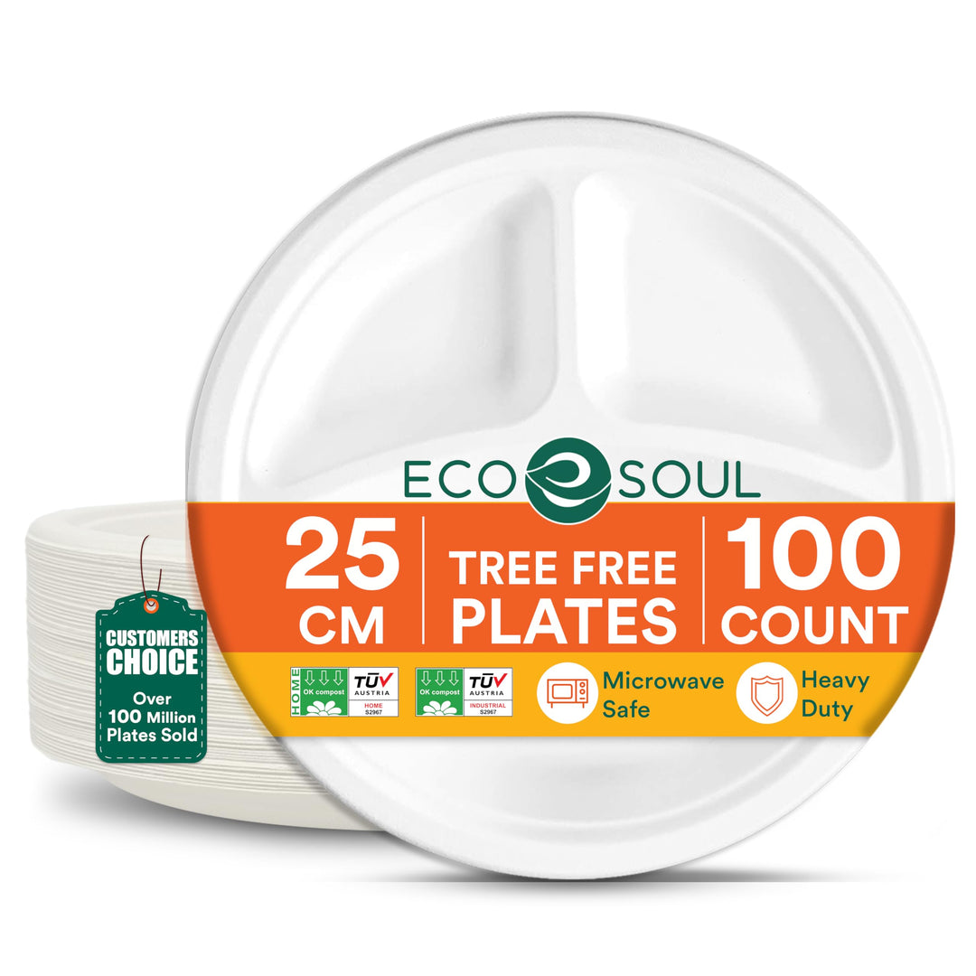 ECO SOUL Pearl White 25cm Runde Bagasse Pappteller mit 3 Fächern (100 Stück), Einweggeschirr und 100