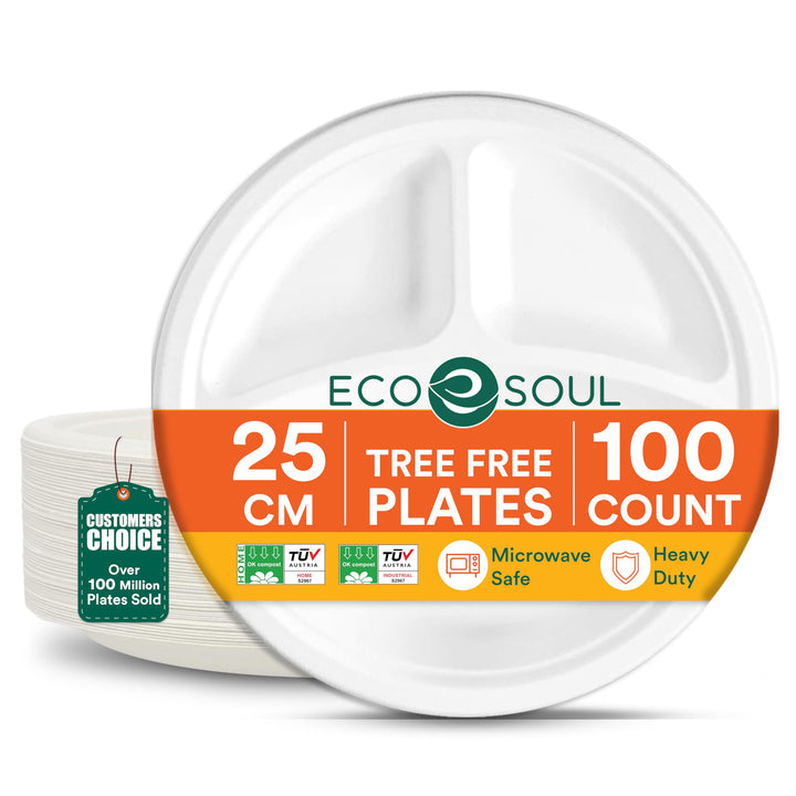 ECO SOUL Pearl White 25cm Runde Bagasse Pappteller mit 3 Fächern (100 Stück), Einweggeschirr und 100