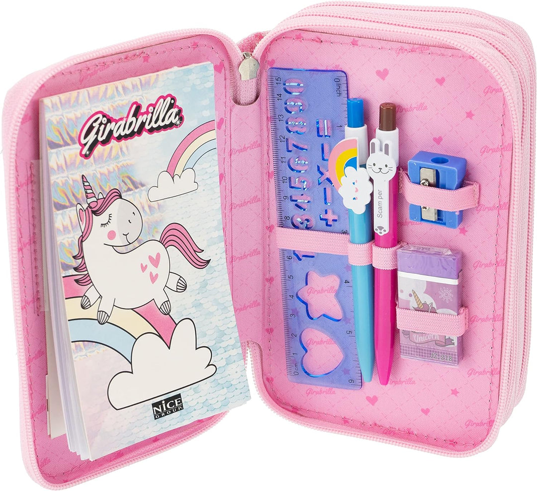 Girabrilla Nice Group Einhorn Federmäppchen mit 3 Fächern für Kinder, Steppdeckeneffekt, Rosa Koffer