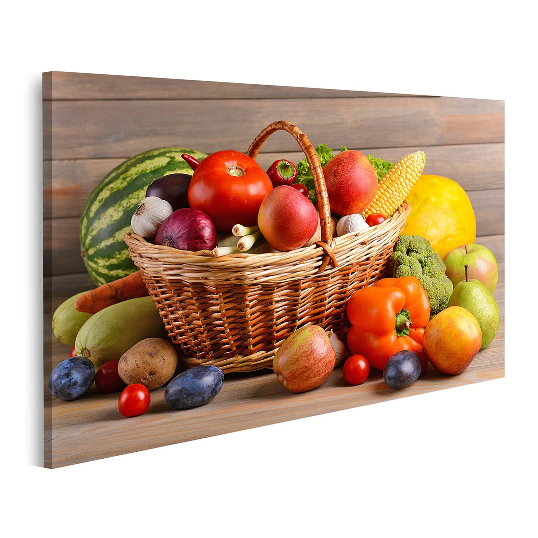 islandburner Bild auf Leinwand Korb Mit Bio Obst Und Gemüse Auf Holzuntergrund Bilder Wandbilder Pos