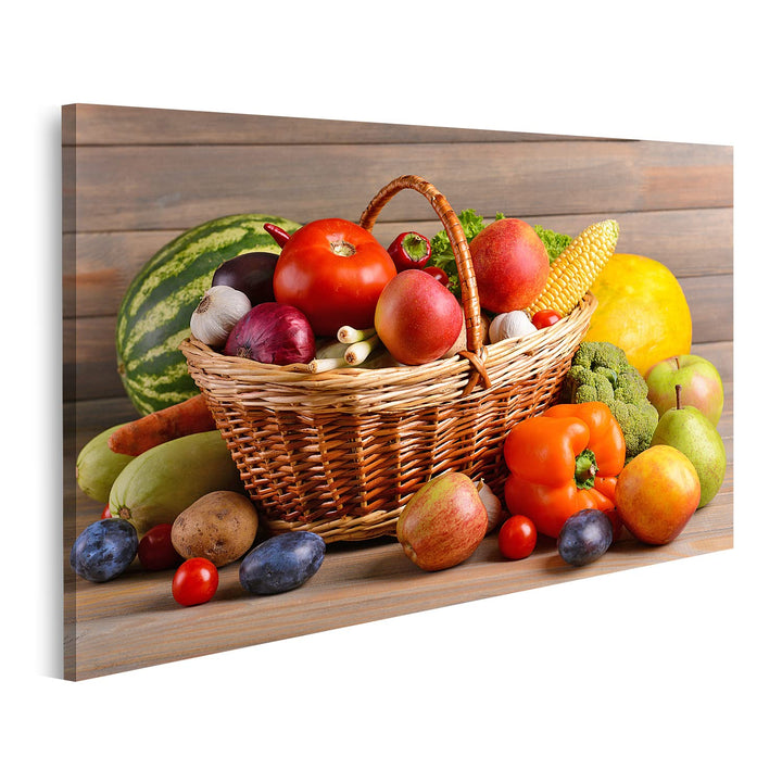 islandburner Bild auf Leinwand Korb Mit Bio Obst Und Gemüse Auf Holzuntergrund Bilder Wandbilder Pos