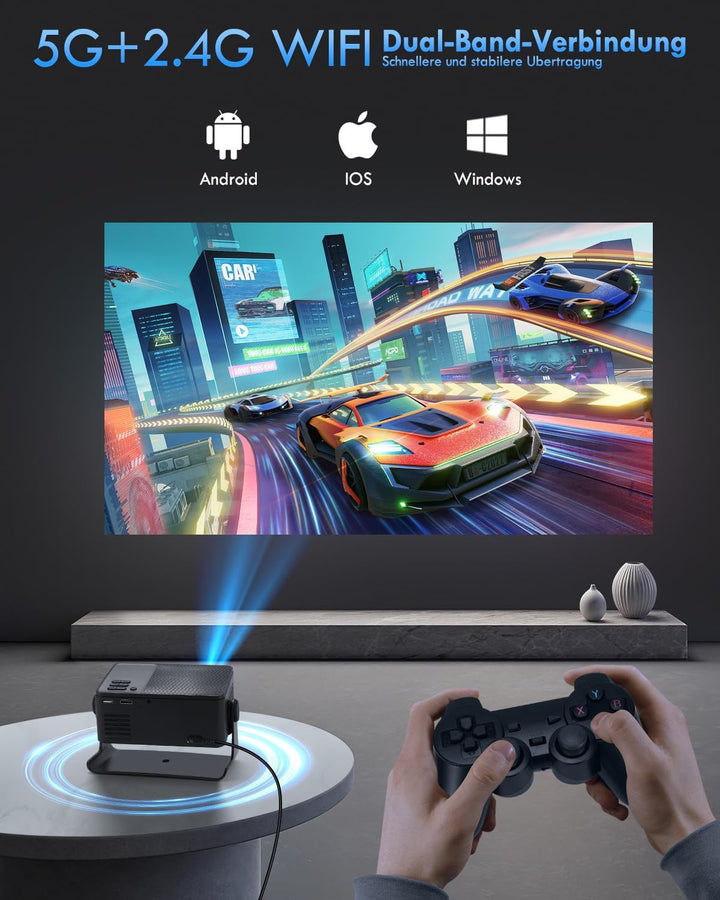 Smart Beamer,360° Drehbar/Elektrischer Fokus/Trapezkorrektur,Mini Projektor HD 1080P Unterstützt,WiF