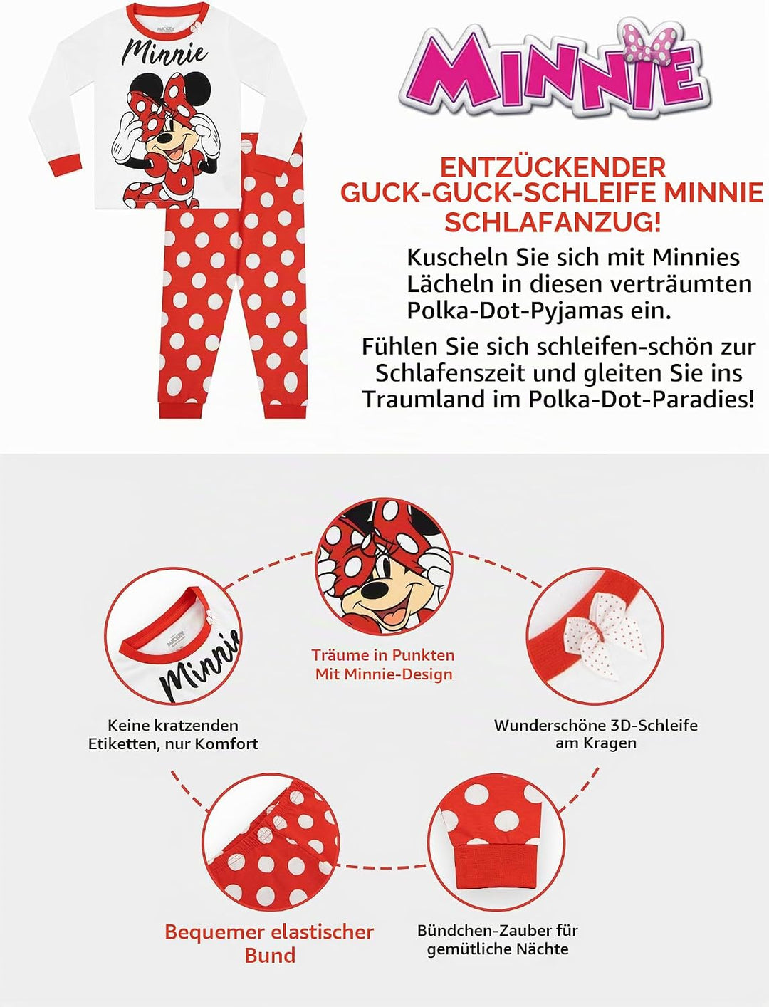 Disney Minnie Maus Schlafanzug | Baumwolle Schlafanzug Mädchen | Pyjama Kinder Lang, 92