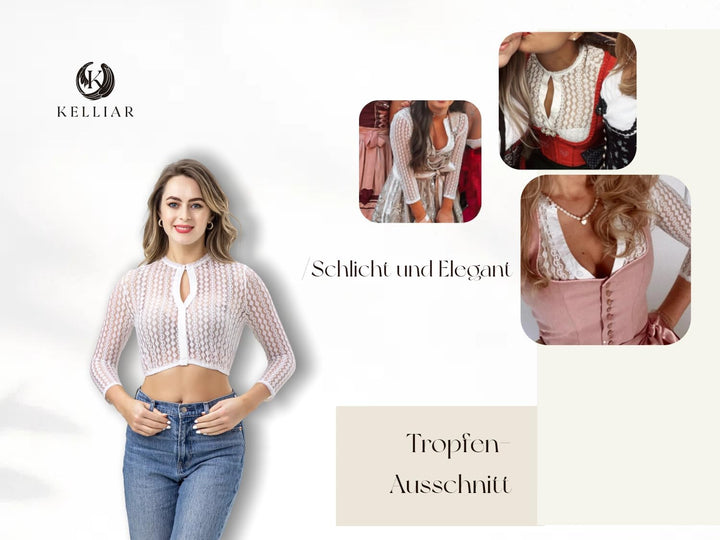 Kelliar Dirndl Bluse Damen Langarm Spitze 3/4 Arm Tropfen-Ausschnitt aus Exklusiver Kollektion Trach