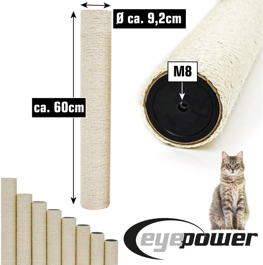 eyepower Sisal Ersatzstamm für Kratzbaum - 60 cm Ø 9,2 cm M8 - Pfotenfreund Kratzstamm rund Ersatzte