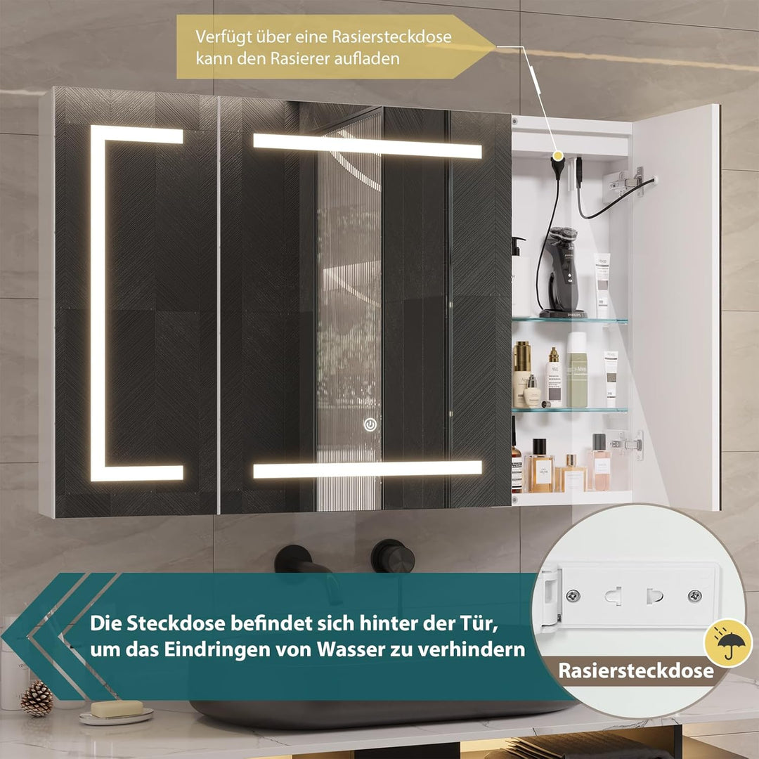 DICTAC Spiegelschrank Bad mit LED Beleuchtung und Steckdose 100x60x13.5 cm Metall Bad Spiegelschrank