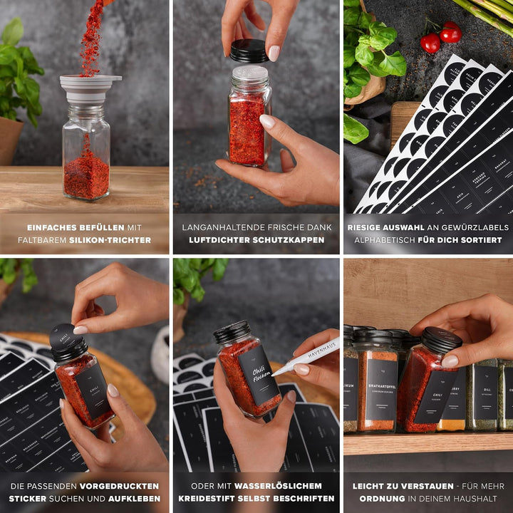Gewürzgläser Set schwarz | 24 Gewürz Organizer inkl. 336 deutschen Gewürzetiketten | Gewürzgläser ec