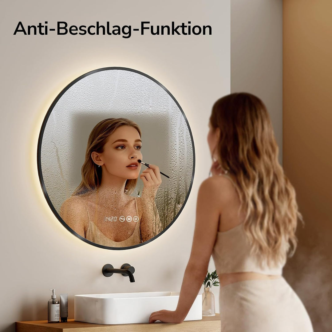 EMKE LED Badspiegel Rund Spiegel mit Beleuchtung ф70cm Badspiegel Schwarzer Rand Badezimmerspiegel m