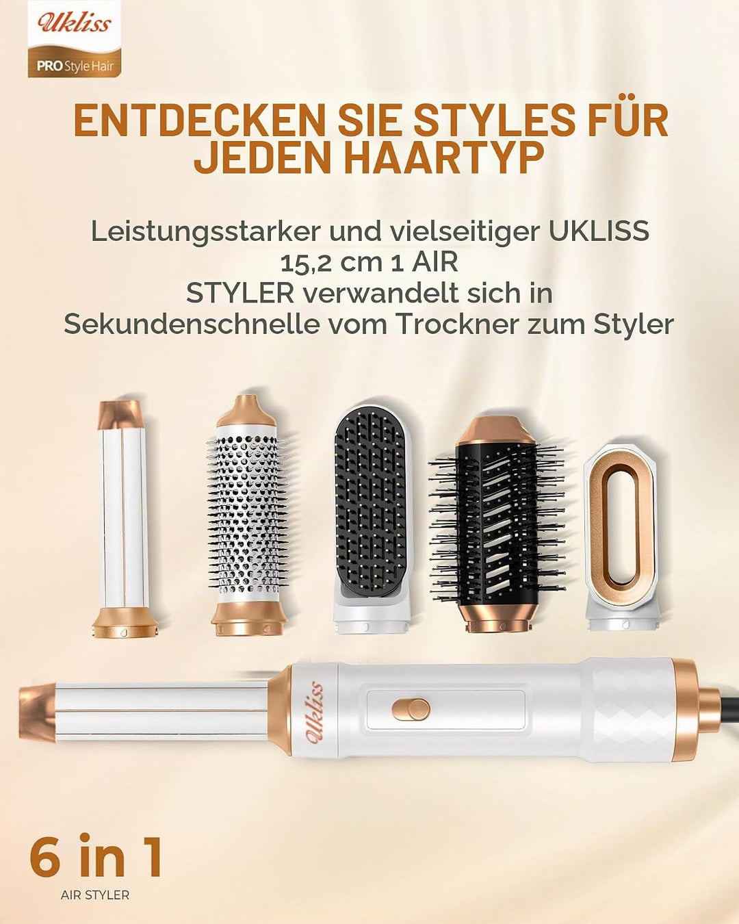 UKLISS 6 in 1 Hairstyler, Hair Styler Set mit 6 Aufsätzen: Lockenföhn Automatisch, Rundbürstenföhn,