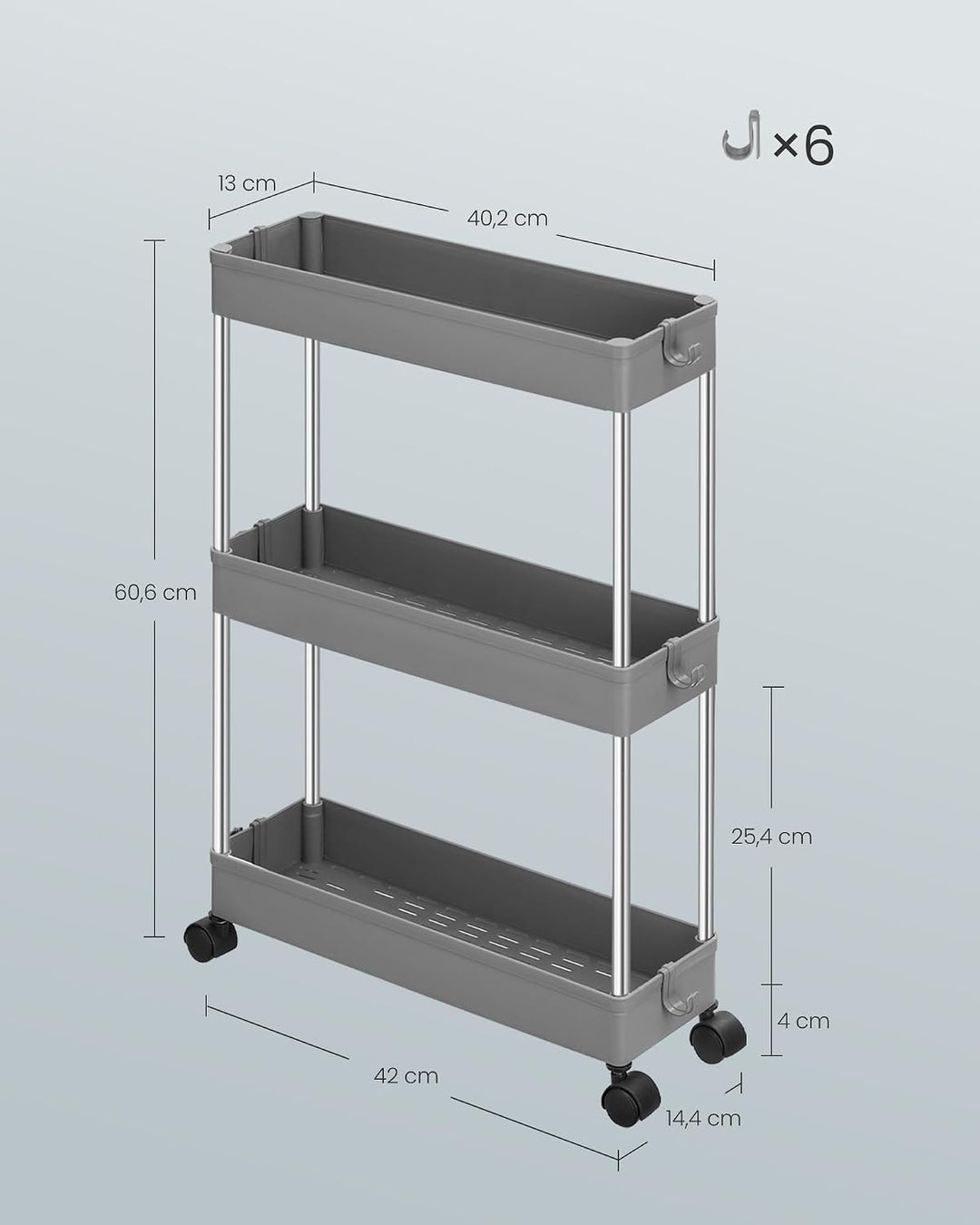 SONGMICS Rollwagen, Küchenwagen, Küchenregal, Nischenregal, mit 6 Haken, 360° drehbare Räder, Stahlg