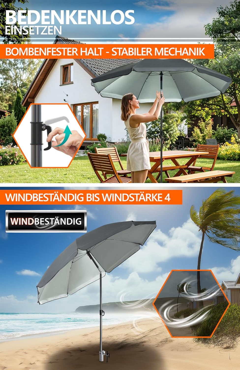 4smile Sonnenschirm Strand Ø 200 cm mit Eindrehbodenhülse, Anthrazit | Strandschirm windfest stabil
