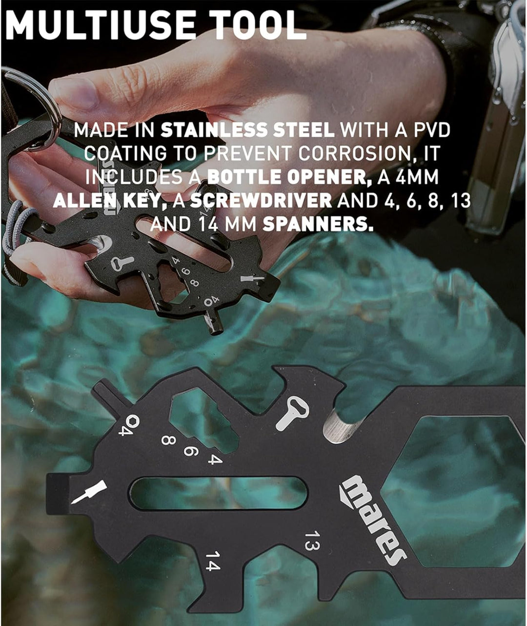 Mares Smarty Mini-Multitool – Tauchen Mehrzweck-Mehrzweckschlüssel, 4 mm Inbusschlüssel, Flaschenöff