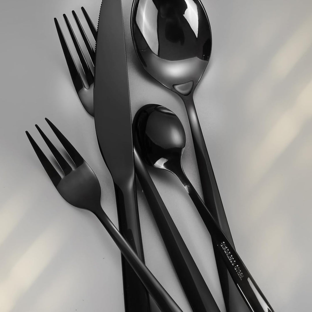 Besteck Set für 6 Personen,30 teilig Edelstahl Besteckset,Besteck Set Schwarz mit Messer Gabel Löffe