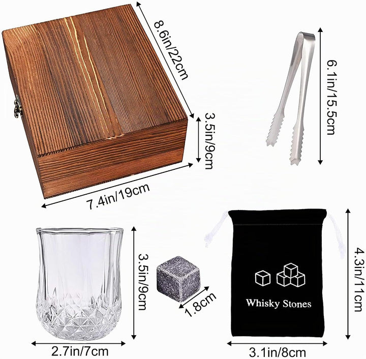 8 Whisky Steine mit 2 Whiskey Gläsern, Zange &amp; Holz Geschenkbox - Whiskey Steine Geschenkset aus Nat