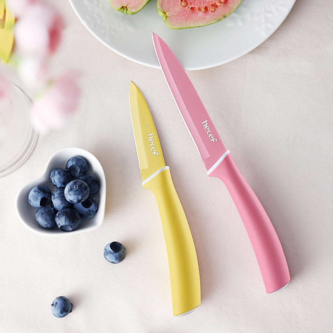 hecef 6 Teilig Messer Set mit Schutz, Küchenmesser Set Bunte Non-Stick, Scharfe Messerset Edelstahl,