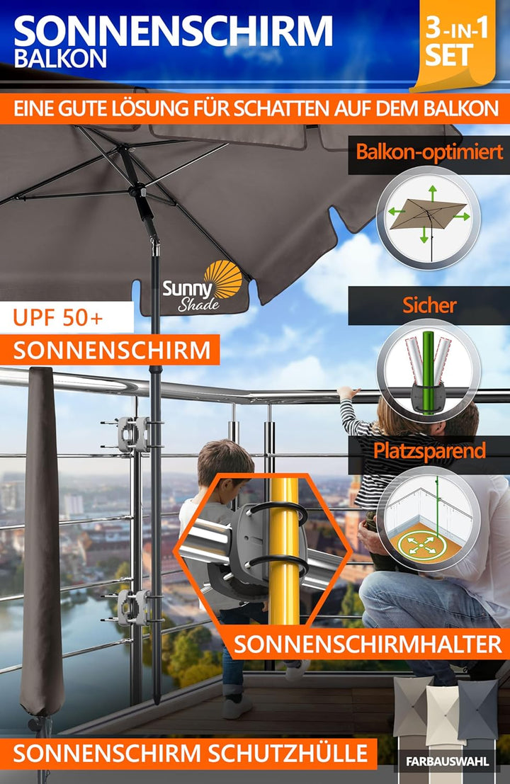 4smile Sonnenschirm Balkon SunnyShade - Sonnenschutz Balkon 4-in-1 SET, Taupe - Sonnenschirm rechtec