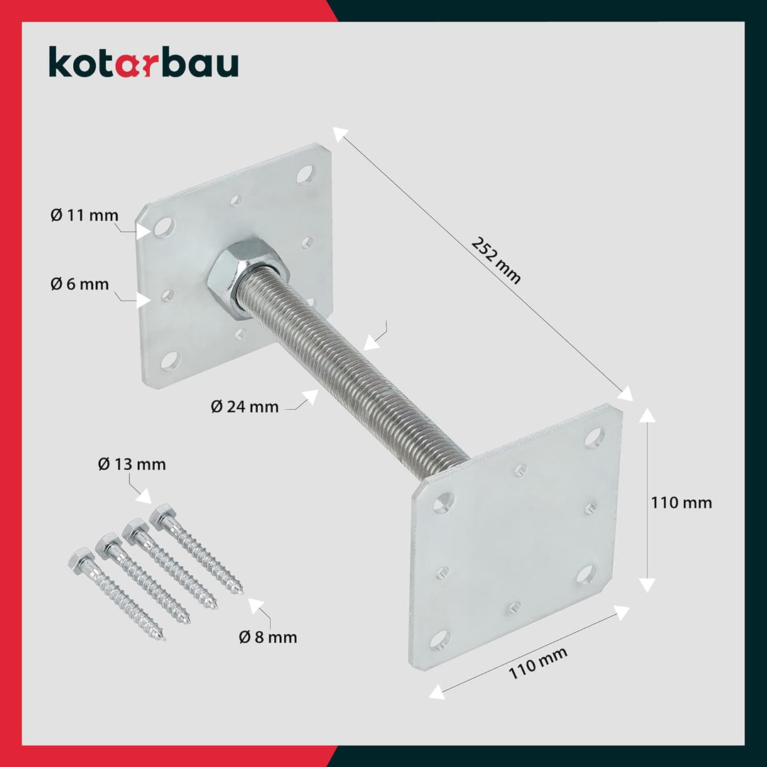 KOTARBAU® 4er Set Pfostenträger Höhenverstellbar - Montagestütze – 110 x 110 x 250 mm - Balkenschuh