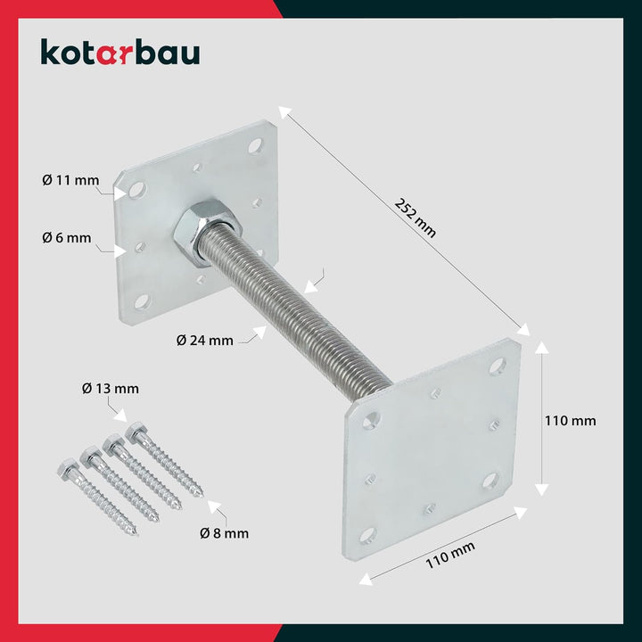 KOTARBAU® 4er Set Pfostenträger Höhenverstellbar - Montagestütze – 110 x 110 x 250 mm - Balkenschuh