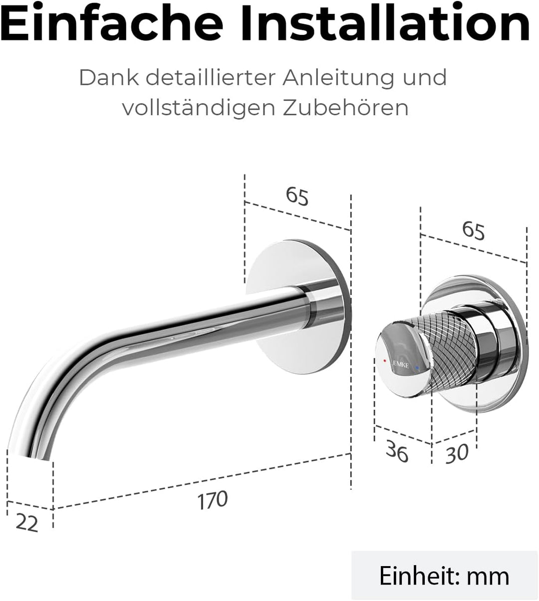 EMKE Waschtischarmatur Unterputz für Wandmontage, Wasserhahn Bad Unterputz, Mischbatterie Waschbecke