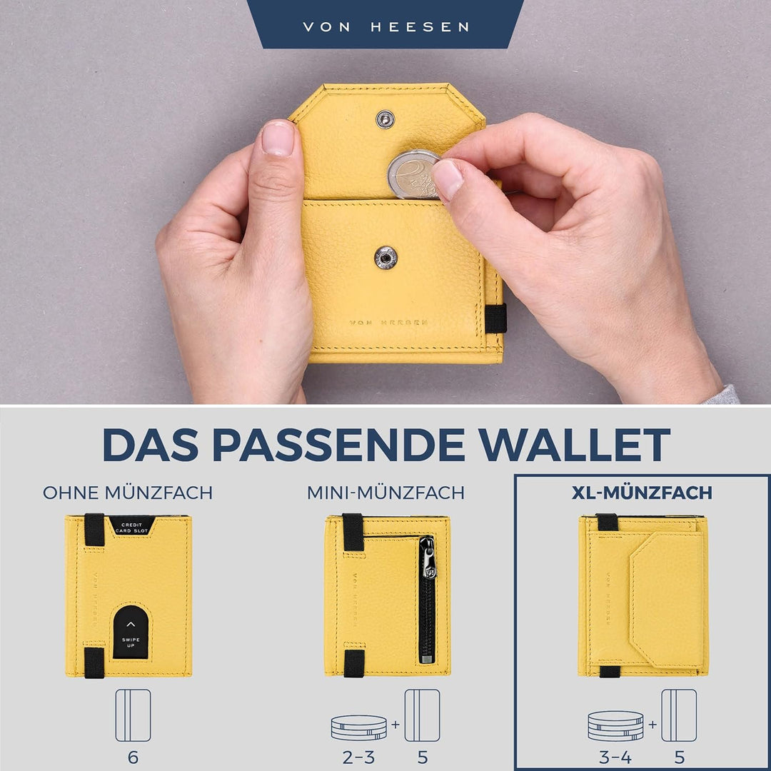 VON HEESEN Slim Wallet mit XL Münzfach & RFID-Schutz - Leder Geldbeutel - Mini Geldbörse für Herren