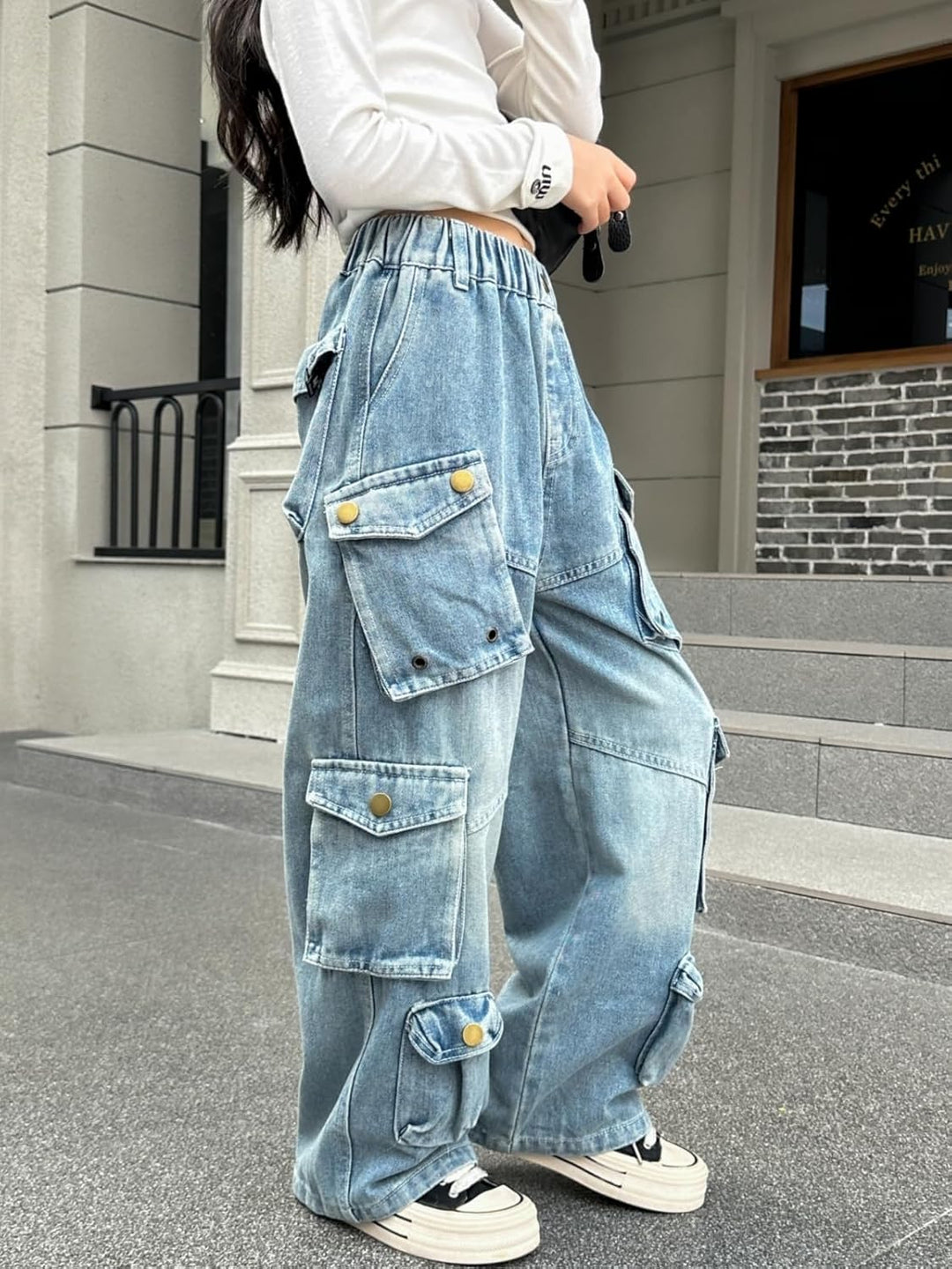 Rolanko Baggy Cargo Jeans für Mädchen, Elastische Hose mit Hoher Taille und Weitem Bein Y2K Jeanshos
