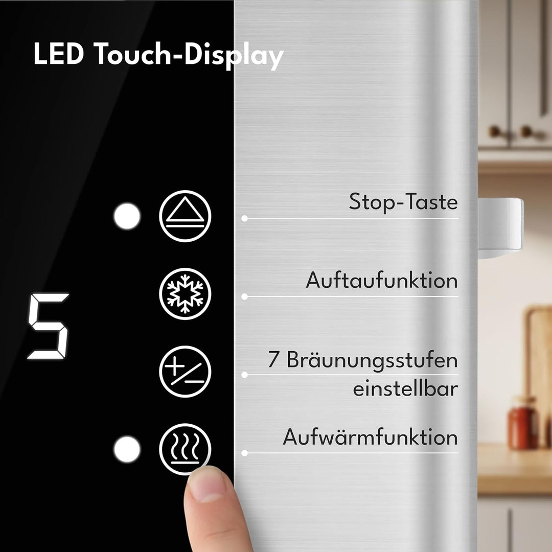 LEBENLANG Langschlitz Toaster 4 Scheiben mit Brötchenaufsatz - Touchscreen LED Display & 7 Stufen I
