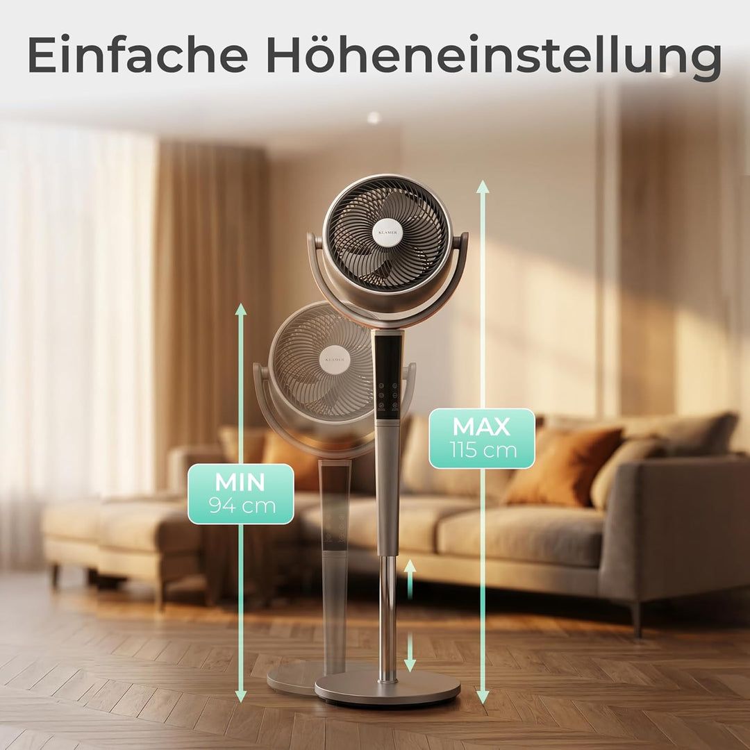 KLAMER 3D Standventilator leise mit Fernbedienung, Ventilator mit 15 Geschwindigkeitsstufen, 4 Windm