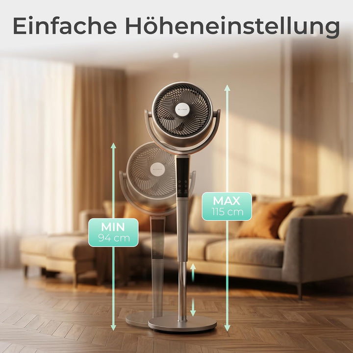 KLAMER 3D Standventilator leise mit Fernbedienung, Ventilator mit 15 Geschwindigkeitsstufen, 4 Windm