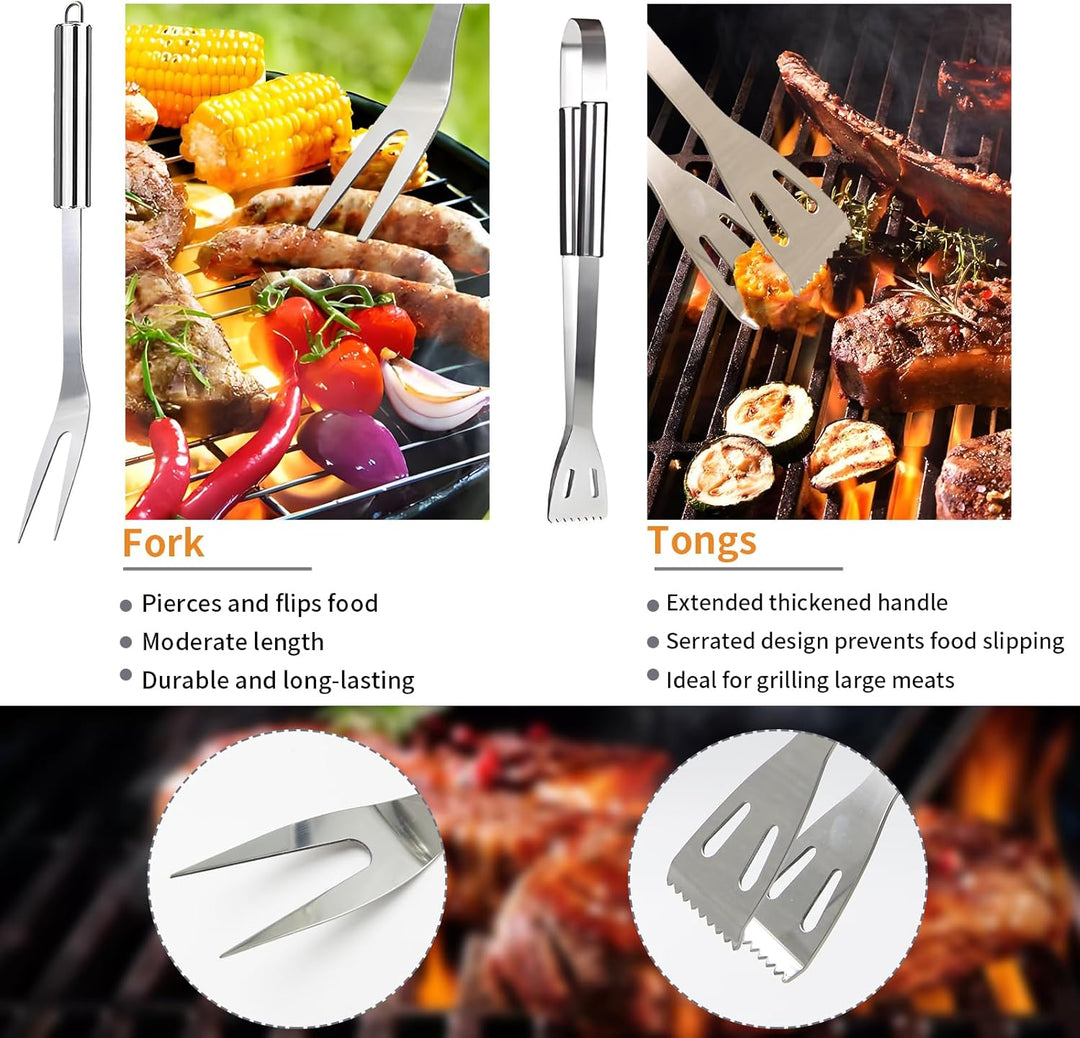 Grillbesteck-Set 11-TLG. 34 cm, Edelstahl, Grillzubehör mit Grillzange, Grillgabel, Tragbare Grillko