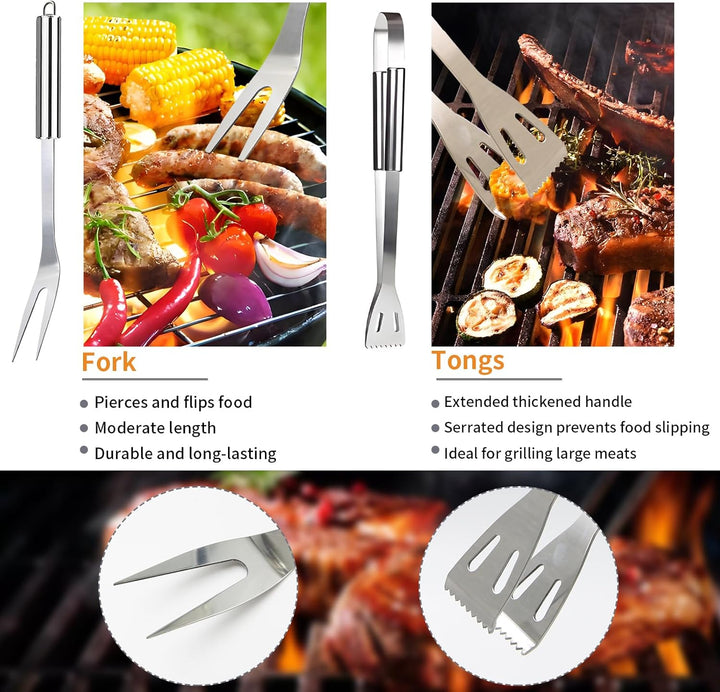 Grillbesteck-Set 11-TLG. 34 cm, Edelstahl, Grillzubehör mit Grillzange, Grillgabel, Tragbare Grillko