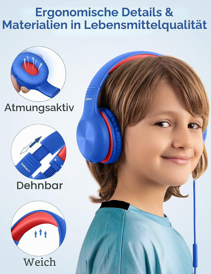 Nabevi Kopfhörer Kinder, Kinder Kopfhörer mit Kabel, 85/94dB Lautstärkegrenze, HD-Stereoton, Sharing