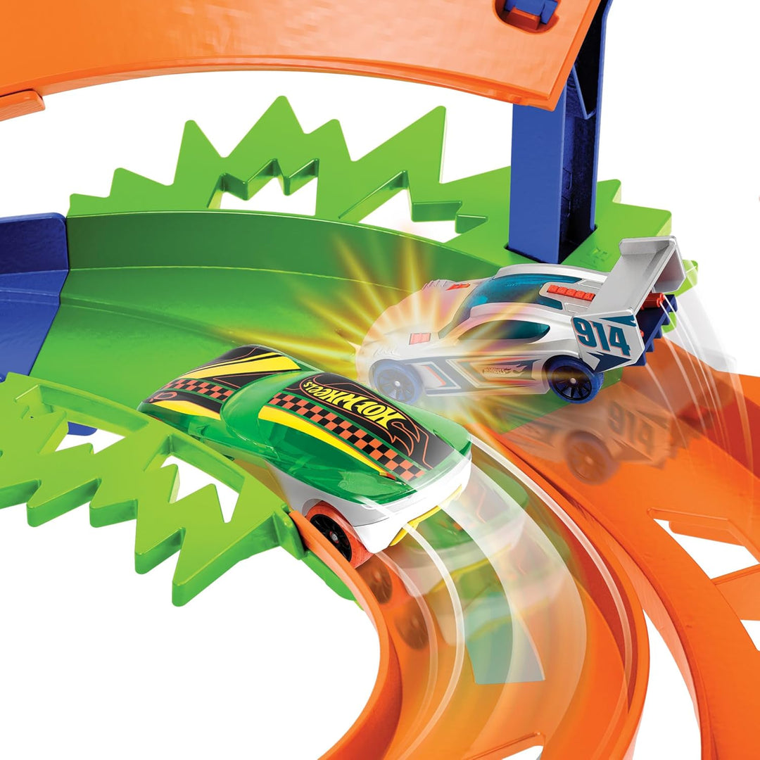 Hot Wheels Spielzeugauto-Trackset, Steilkurven-Rennstrecke, 2 Spielzeugautos im Massstab 1:64, einfa