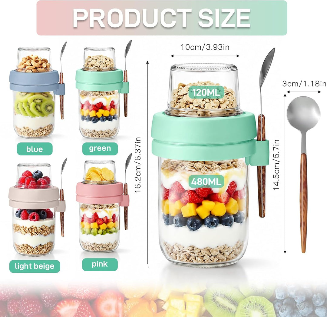 4er Set Müslibecher to Go mit Löffel, 480ml+120ml Overnight Oats Gläser, Joghurtbecher to go mit Dop