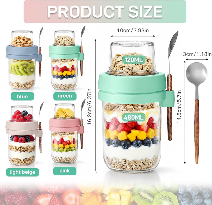 4er Set Müslibecher to Go mit Löffel, 480ml+120ml Overnight Oats Gläser, Joghurtbecher to go mit Dop