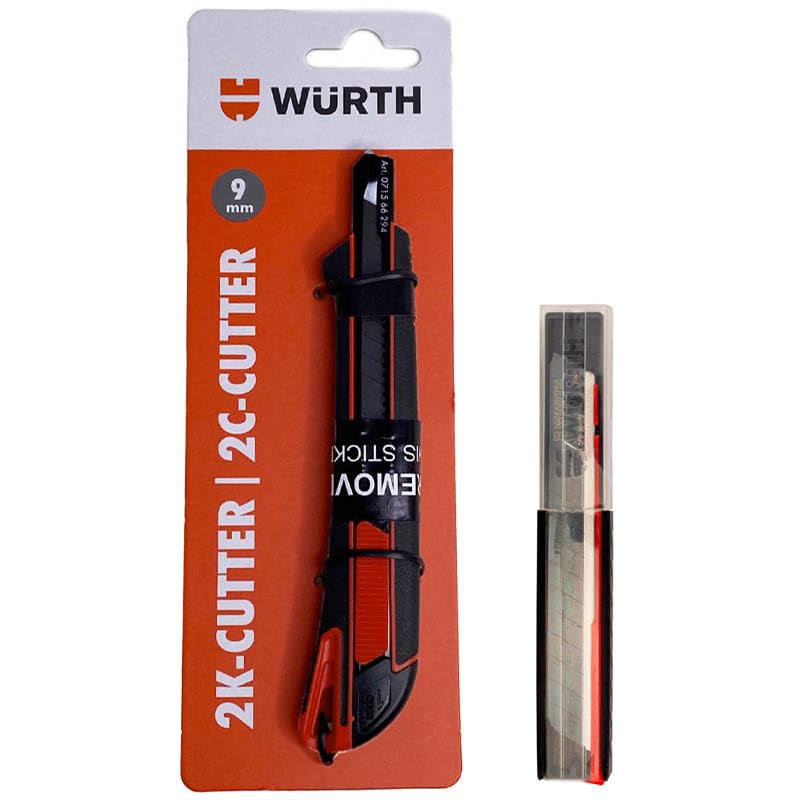 Würth 2K Cuttermesser 9mm + 10x Ersatz Abbrechklingen extrem scharf Teppichmesser Universalmesser 07