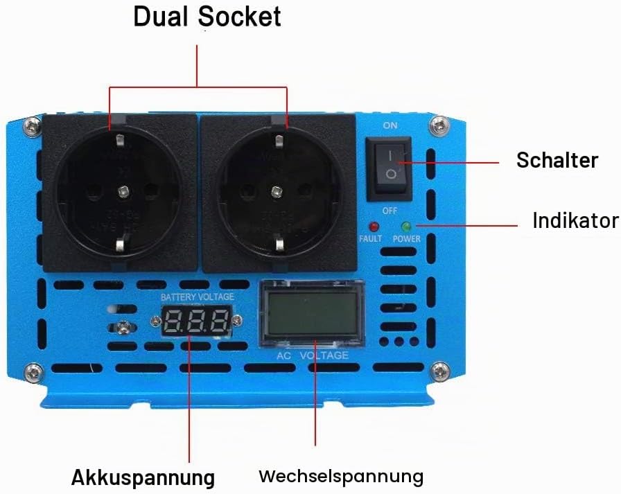 Cantonape Spannungswandler 12V auf 230V 2000W Reiner Sinus Wechselrichter Konverter mit Zwei AC-stec