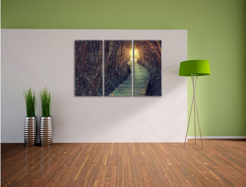 Pixxprint Gehweg im Wald / 3-Teilig/Gesamtmass 120cm Leinwandbild bespannt auf Holzrahmen/Wandbild K