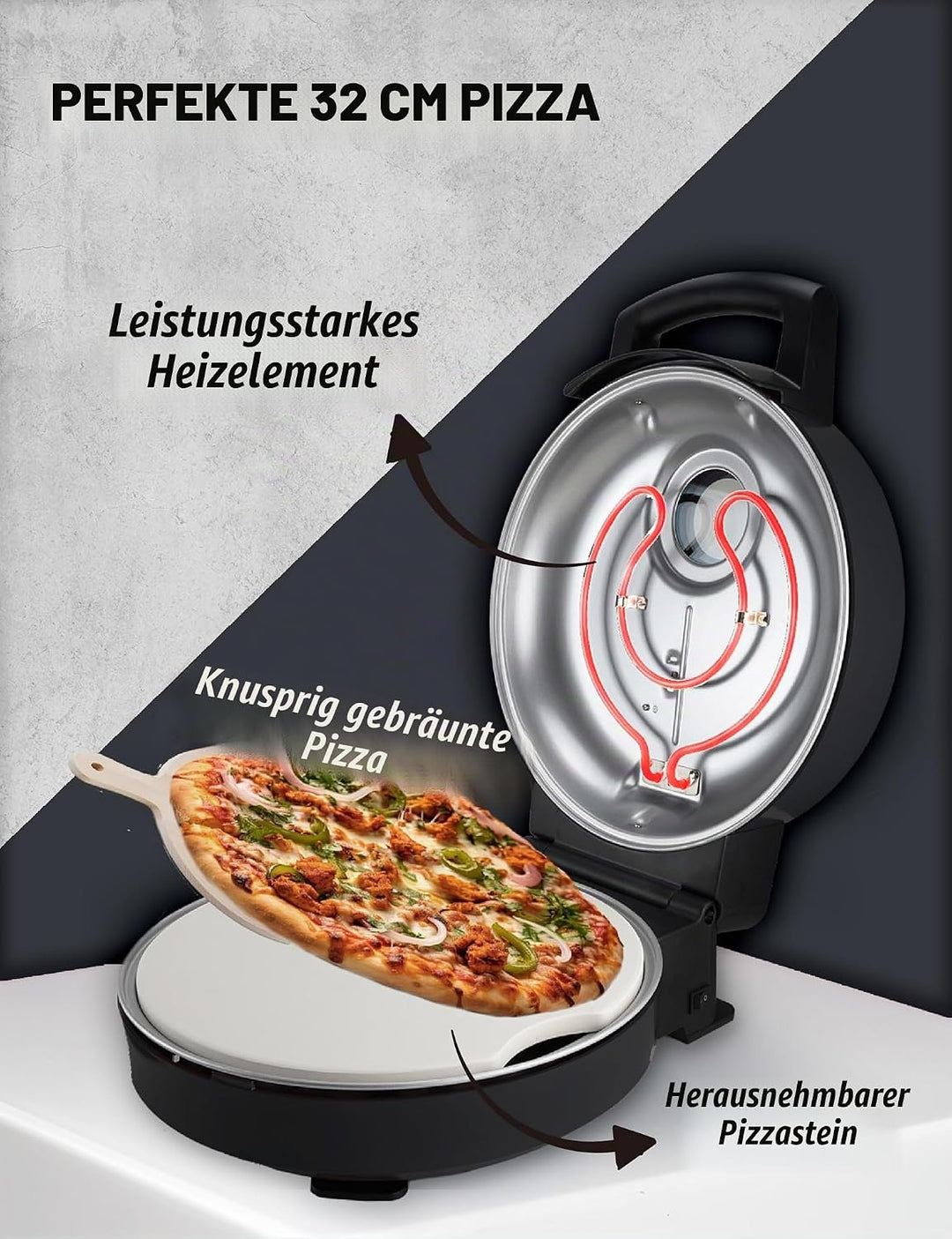 Bestron Pizzaofen für knusprige Pizzen in 5-10 Minuten, elektischer Pizzaofen mit bis zu echten 320°