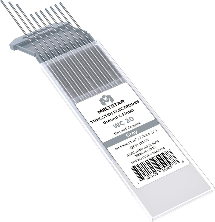 MELTSTAR WC20 Graue Elektrode aus 98% reinem Wolfram und 2% Ceroxid (10 Stück, Ø1.6 x 175 mm) – stra
