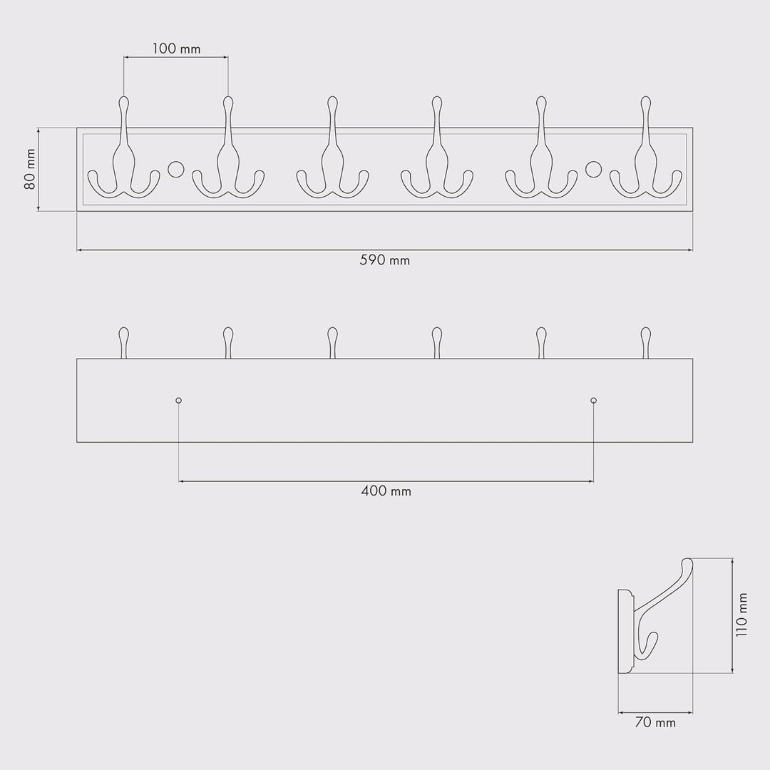 LARHN Garderobenhaken Holz - Garderobenleiste Holz mit 6 Haken in Schwarz - 59 cm - Kleiderhaken Wan