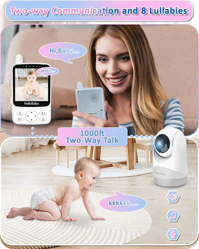 HelloBaby Babyphone mit Kamera,29 Stunden Akkulaufzeit Babyfon,355°/120° Baby Monitor mit Ferngesteu