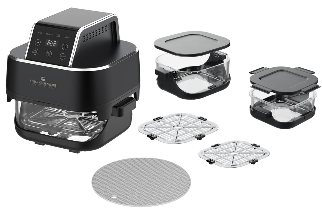 Heissluftfritteuse, 4L & 1,5L Glas, Doppelkorb, Touch Display, 7 Programme, Nachtschwarz,1500W (KHF-