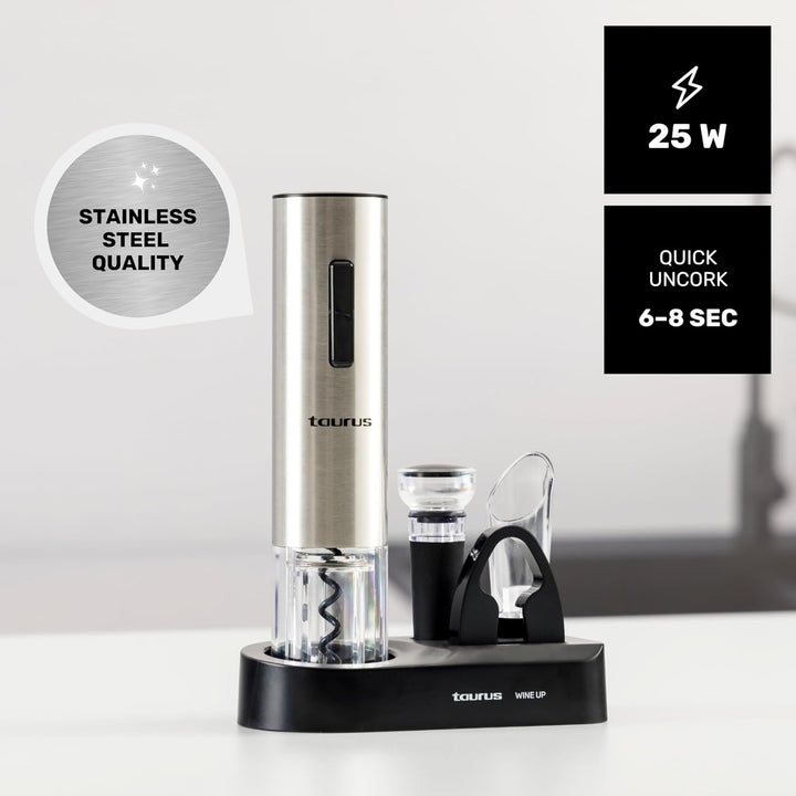 Taurus – Elektrischer Weinöffner Wine Up, kabellos, entkorkt in 6–8Sekunden, LED-Licht, inkl. Folien